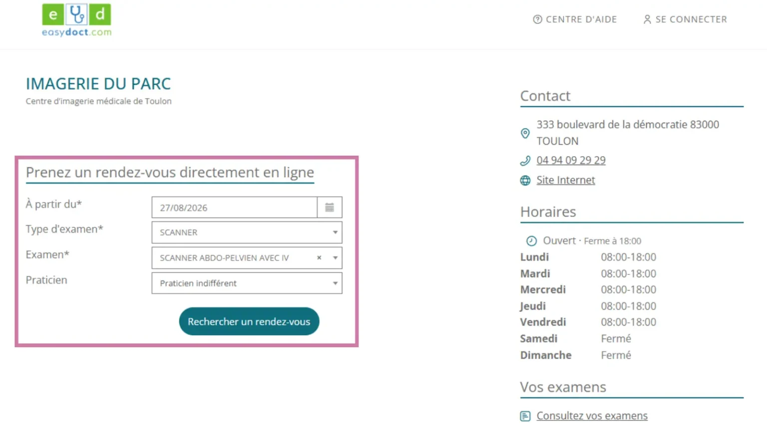 Formulaire de recherche pour prendre rendez-vous pour une IRM ou un scanner à Toulon