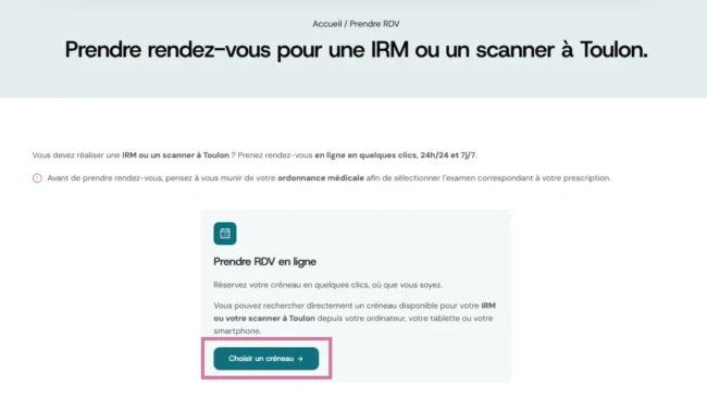 Page Imagerie du Parc permettant de choisir un créneau pour une IRM ou un scanner à Toulon